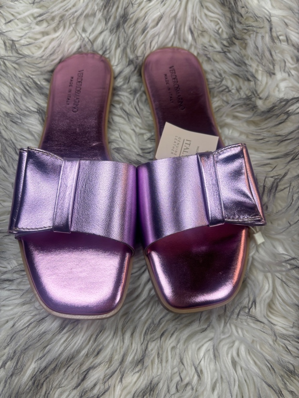 Italian made Pink Metallic Bow Slide Sandals - Women's Slip-On